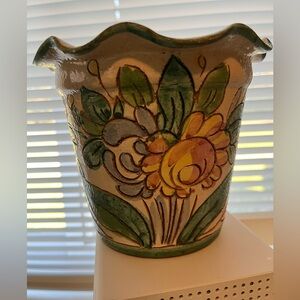 Artisan Ceramic Planter with Green and Yellow Floral Design